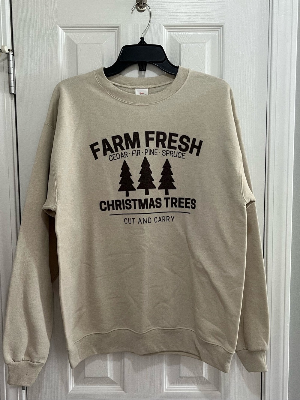 Beige Hanes Sweatshirt with Farm Fresh Trees Design